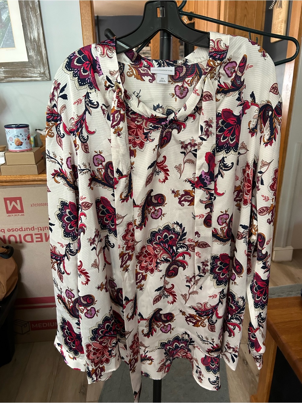 jcpenney Ivory Floral Tie-Neck Blouse with Pink and Navy Accents
